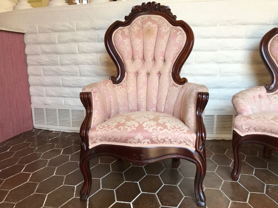 Beautiful Pair Of Carved Wood Armchairs With Tufted Light Pink Upholstery [Photo 10]