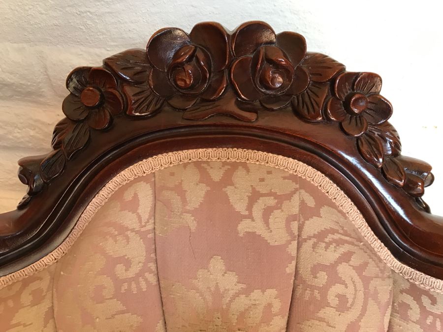 Beautiful Pair Of Carved Wood Armchairs With Tufted Light Pink Upholstery