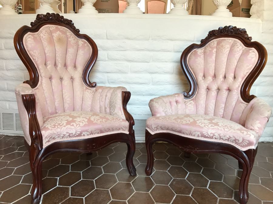 Beautiful Pair Of Carved Wood Armchairs With Tufted Light Pink Upholstery [Photo 5]