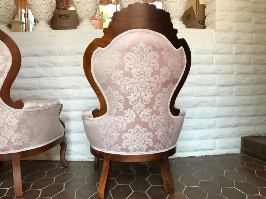Beautiful Pair Of Carved Wood Armchairs With Tufted Light Pink Upholstery [Photo 12]