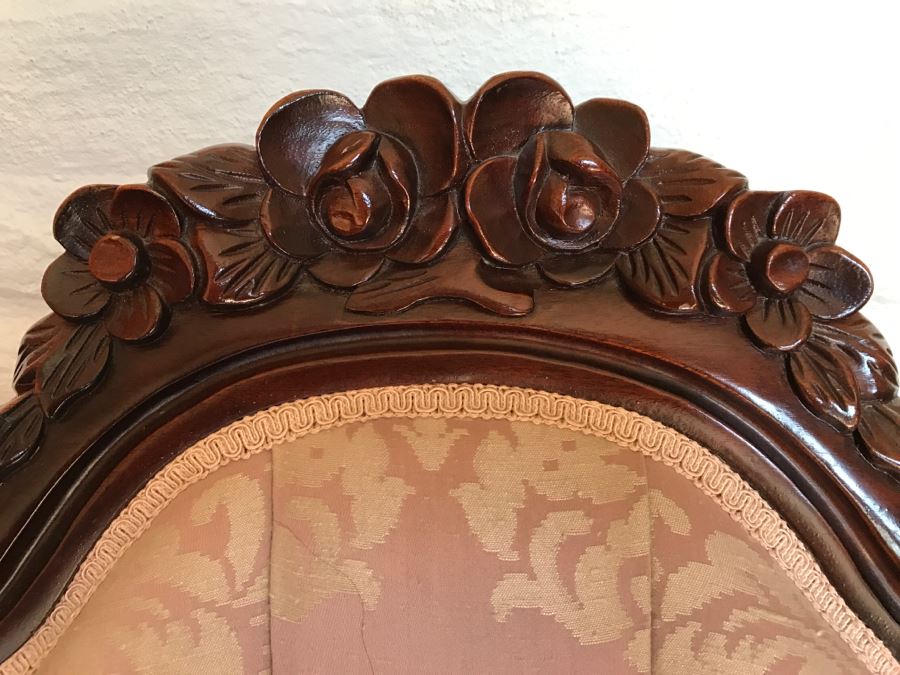 Beautiful Pair Of Carved Wood Armchairs With Tufted Light Pink Upholstery [Photo 4]