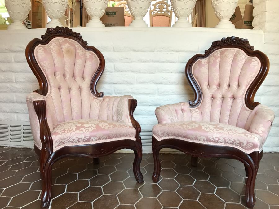 Beautiful Pair Of Carved Wood Armchairs With Tufted Light Pink Upholstery [Photo 1]
