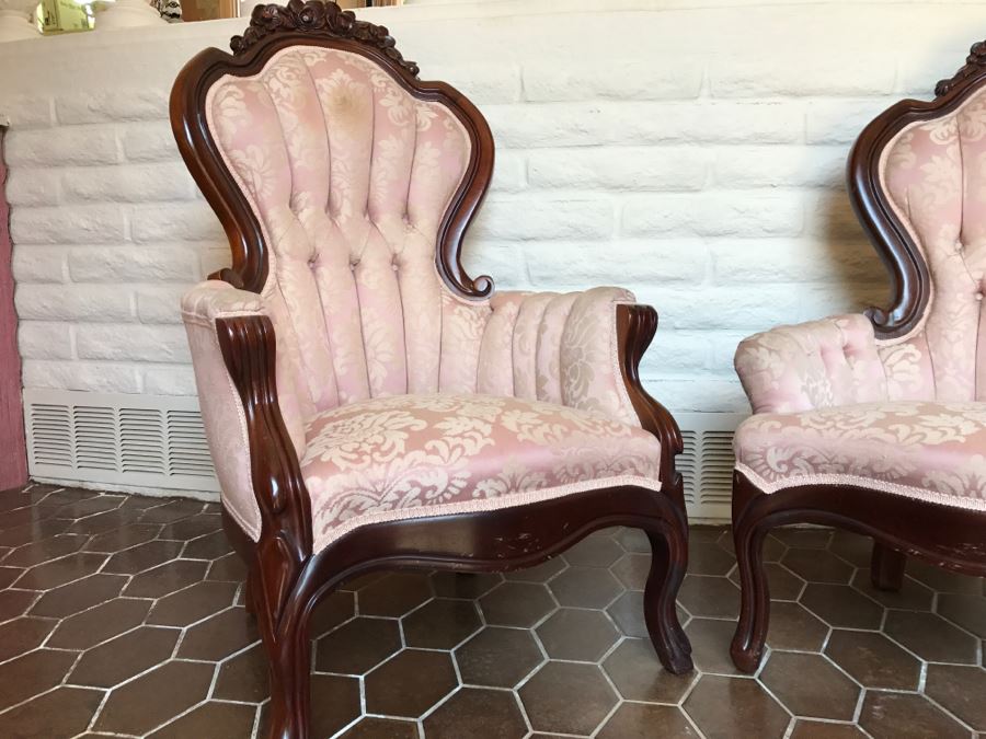 Beautiful Pair Of Carved Wood Armchairs With Tufted Light Pink Upholstery [Photo 6]