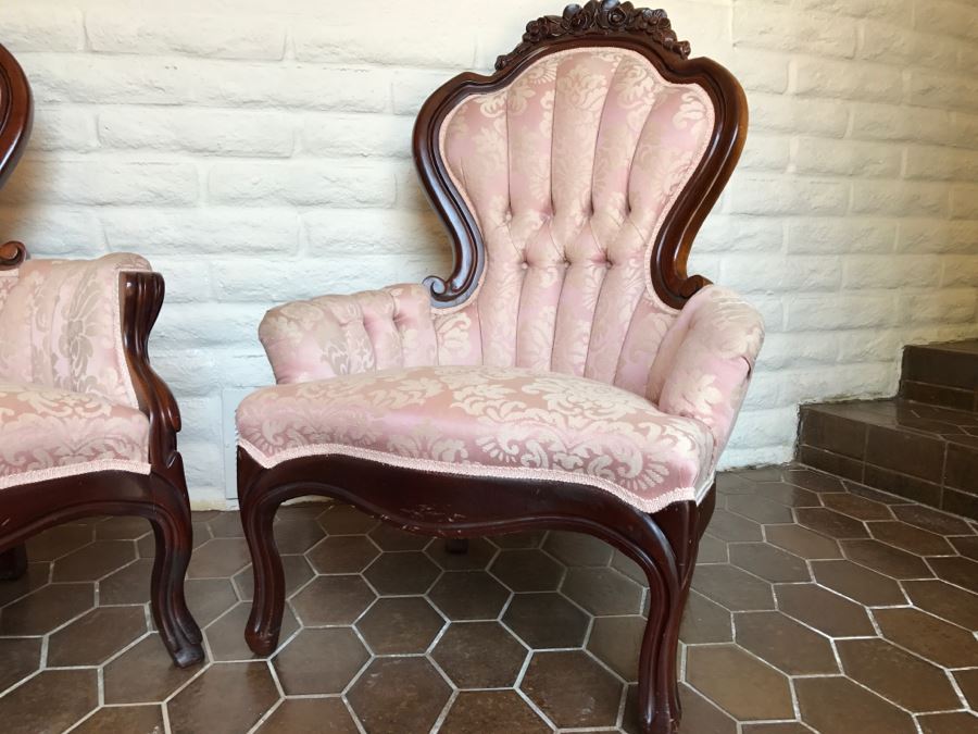 Beautiful Pair Of Carved Wood Armchairs With Tufted Light Pink Upholstery [Photo 7]