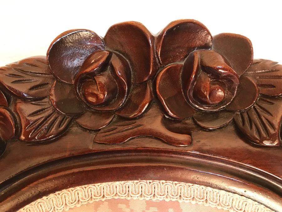 Beautiful Pair Of Carved Wood Armchairs With Tufted Light Pink Upholstery [Photo 14]