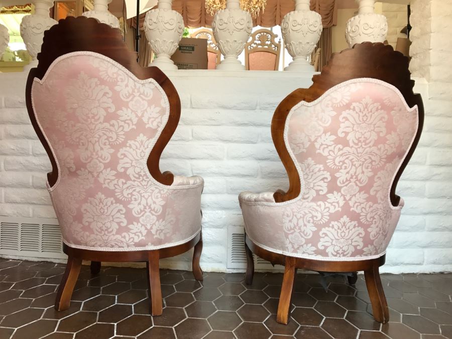 Beautiful Pair Of Carved Wood Armchairs With Tufted Light Pink Upholstery [Photo 3]