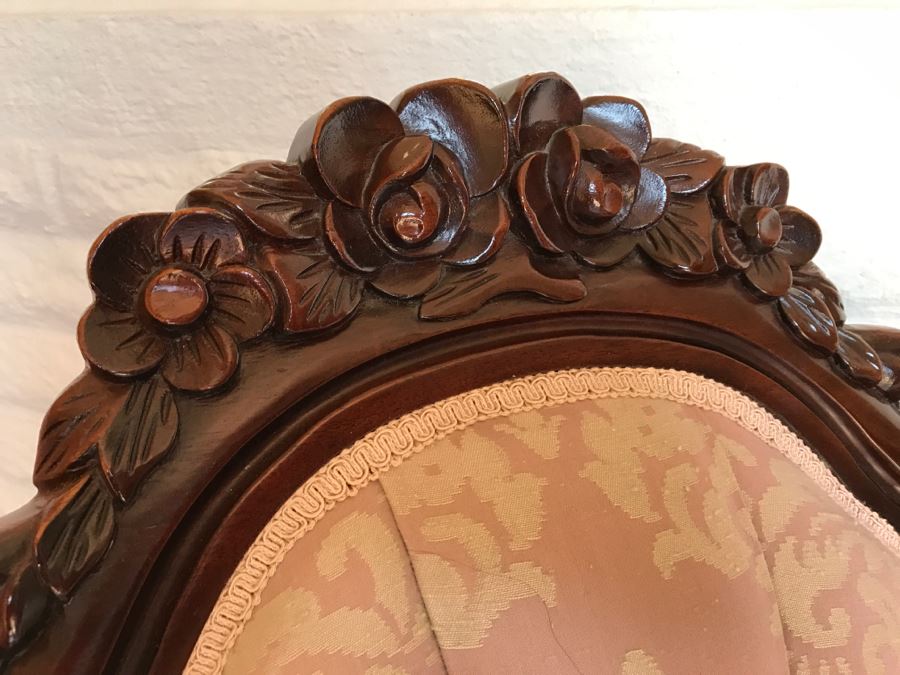 Beautiful Pair Of Carved Wood Armchairs With Tufted Light Pink Upholstery [Photo 8]