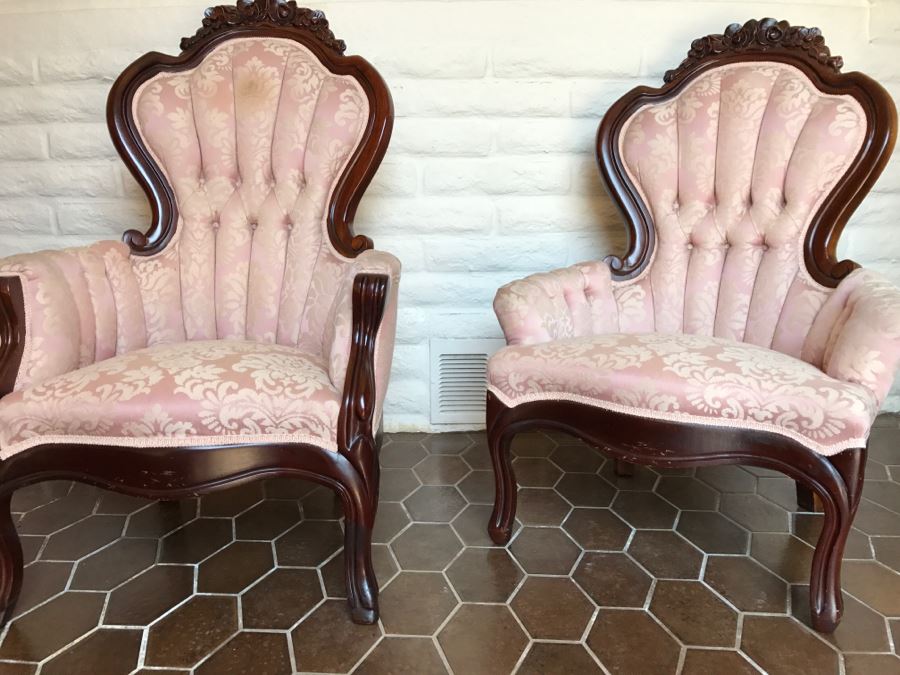 Beautiful Pair Of Carved Wood Armchairs With Tufted Light Pink Upholstery [Photo 11]