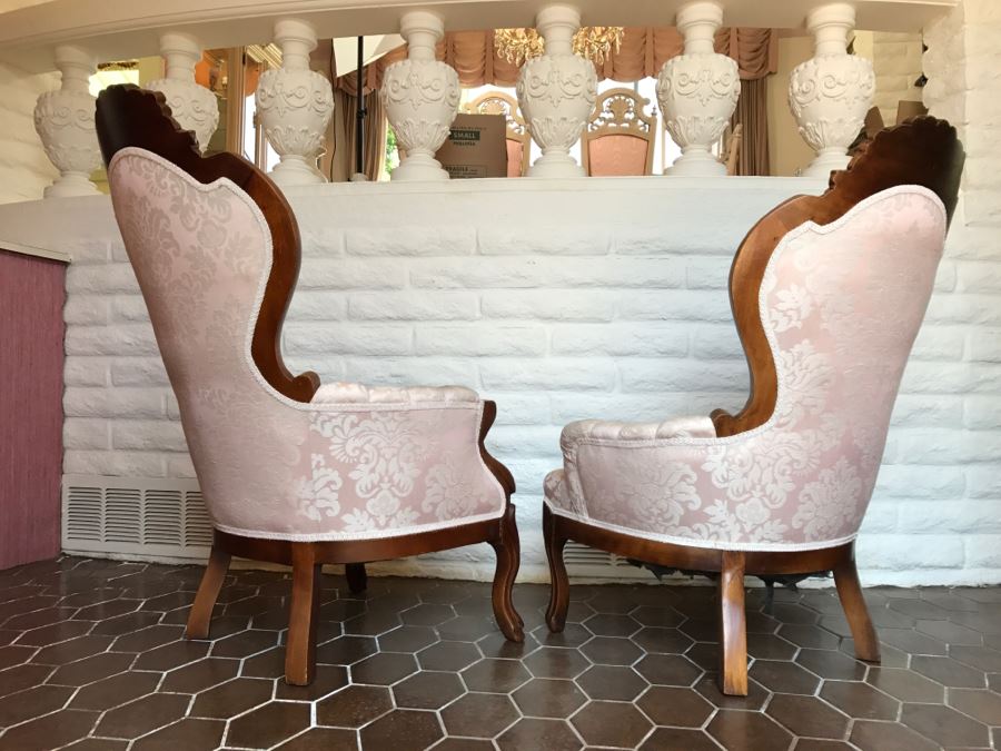 Beautiful Pair Of Carved Wood Armchairs With Tufted Light Pink Upholstery [Photo 2]