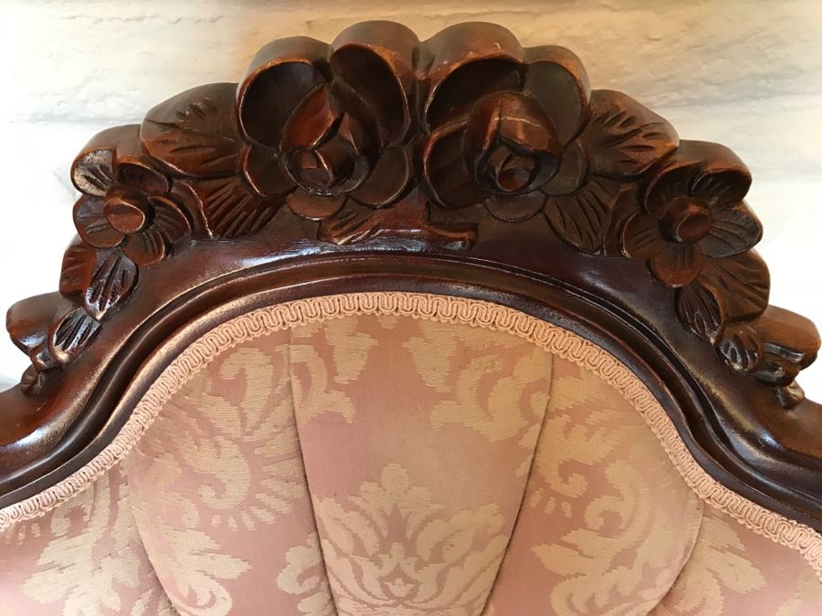 Beautiful Pair Of Carved Wood Armchairs With Tufted Light Pink Upholstery [Photo 15]