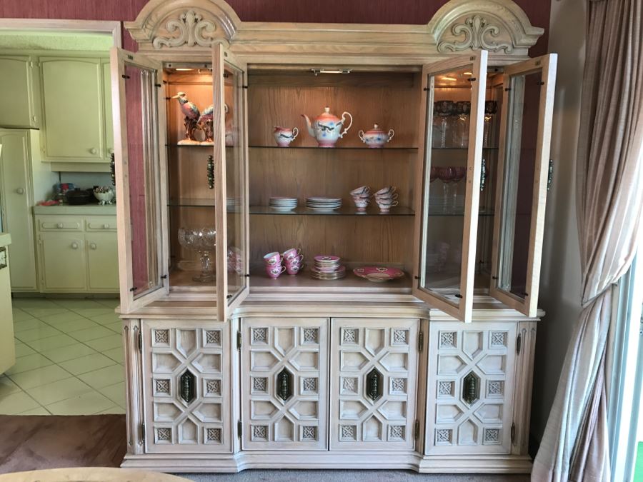 Vintage White Designer Lighted Wooden China Cabinet With Hutch - Matches Dining Table [Photo 8]