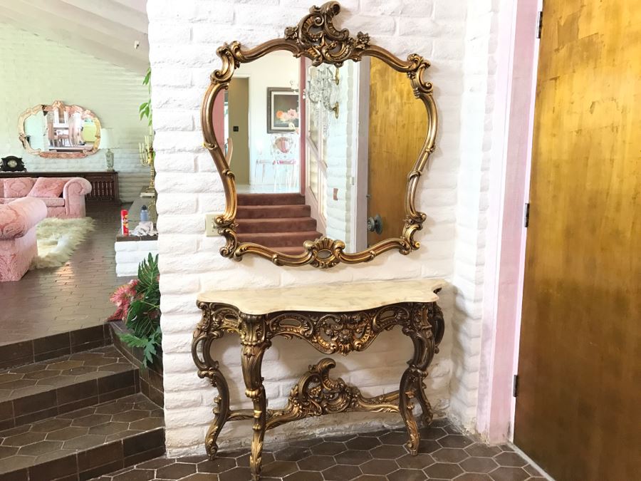 Fine Gilt Wood Wall Mirror With Matching Marble Top Entry Way Console Table Carved With Flowers And Acanthus Leaves [Photo 3]