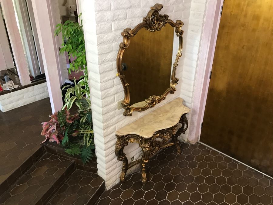 Fine Gilt Wood Wall Mirror With Matching Marble Top Entry Way Console Table Carved With Flowers And Acanthus Leaves [Photo 18]