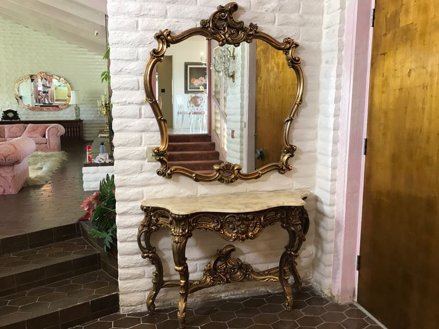 Fine Gilt Wood Wall Mirror With Matching Marble Top Entry Way Console Table Carved With Flowers And Acanthus Leaves [Photo 4]