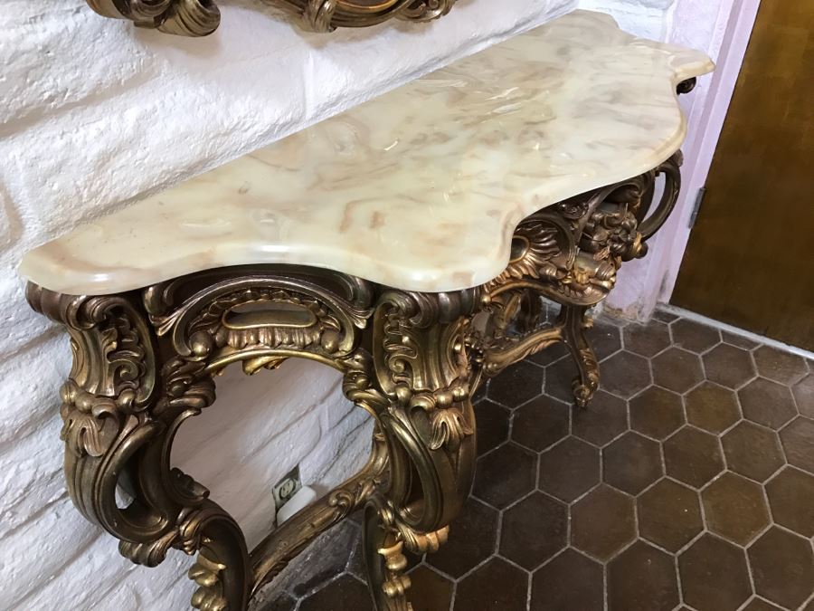 Fine Gilt Wood Wall Mirror With Matching Marble Top Entry Way Console Table Carved With Flowers And Acanthus Leaves [Photo 9]