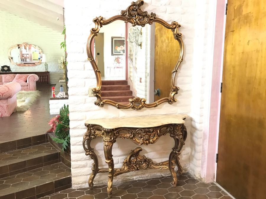 Fine Gilt Wood Wall Mirror With Matching Marble Top Entry Way Console Table Carved With Flowers And Acanthus Leaves [Photo 1]