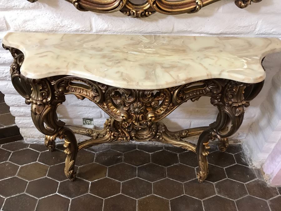 Fine Gilt Wood Wall Mirror With Matching Marble Top Entry Way Console ...