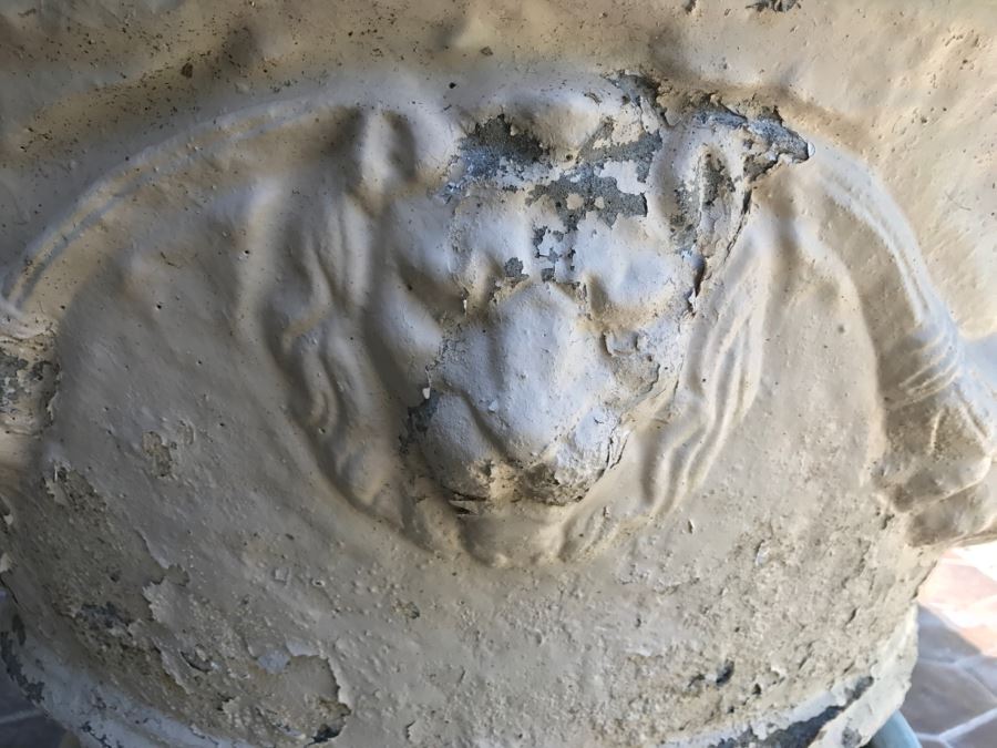 Large Vintage White Outdoor Planter Pot With Lion Head And Plants [Photo 2]