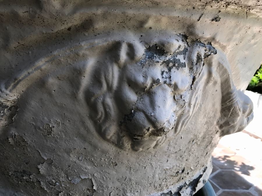 Large Vintage White Outdoor Planter Pot With Lion Head And Plants [Photo 5]