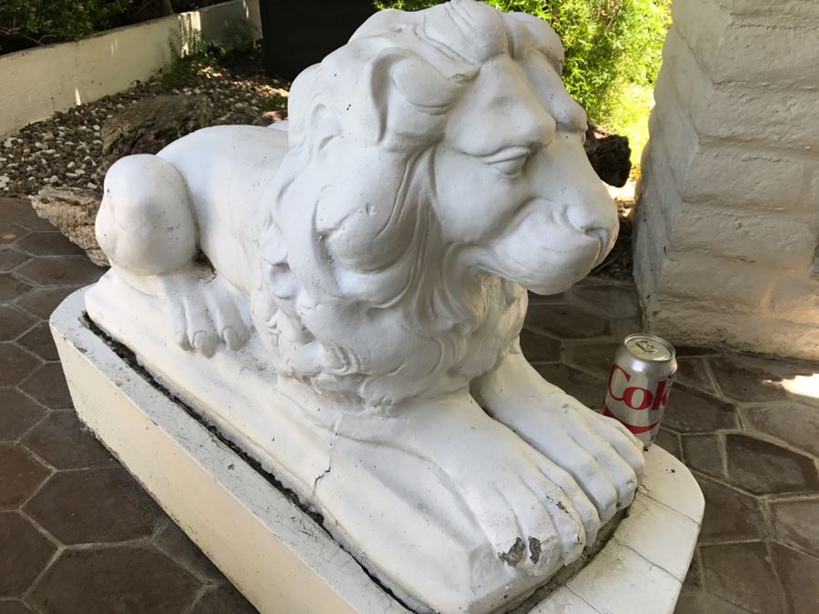 Pair Of Large Cement Posing Lion Statues On Wooden Bases - Does Not Include Urn Planter [Photo 4]