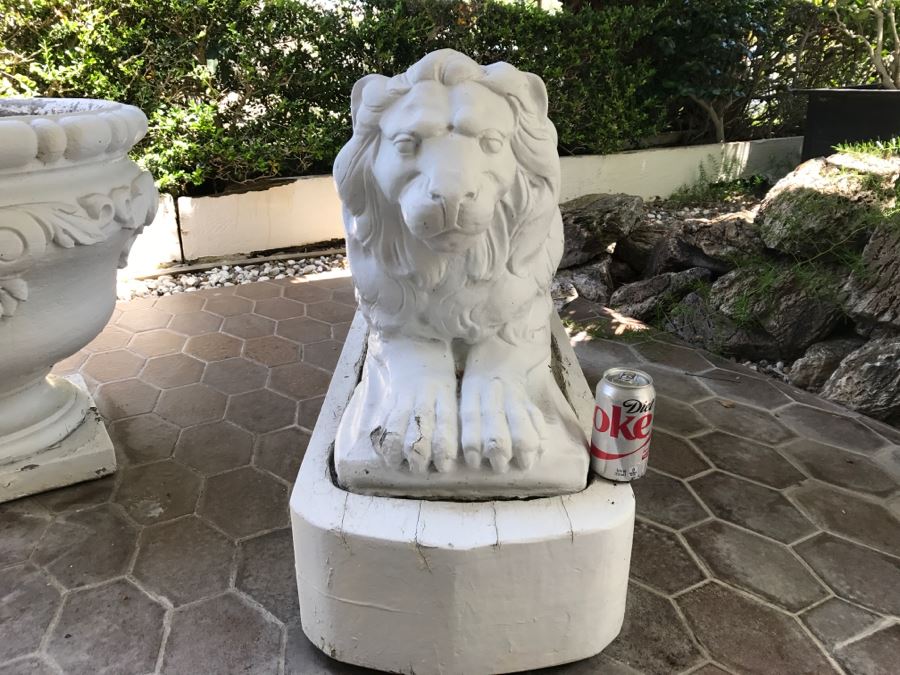 Pair Of Large Cement Posing Lion Statues On Wooden Bases - Does Not Include Urn Planter [Photo 8]