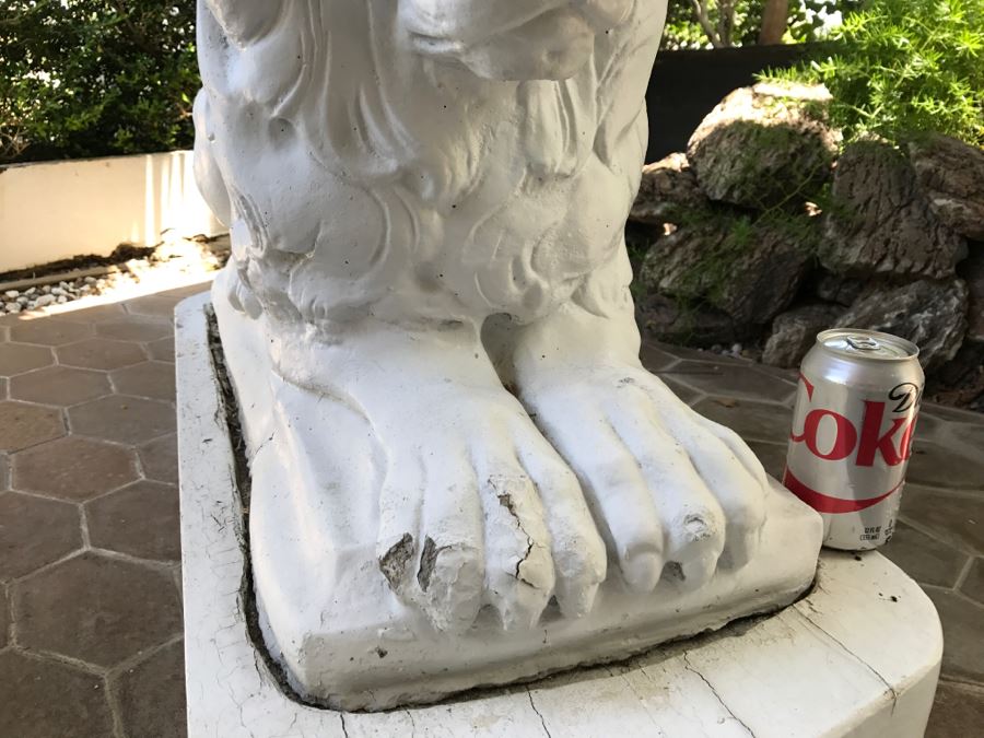 Pair Of Large Cement Posing Lion Statues On Wooden Bases - Does Not Include Urn Planter [Photo 10]