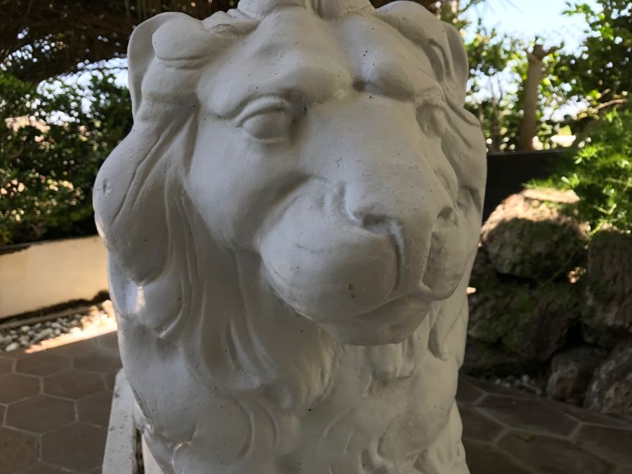 Pair Of Large Cement Posing Lion Statues On Wooden Bases - Does Not Include Urn Planter [Photo 5]