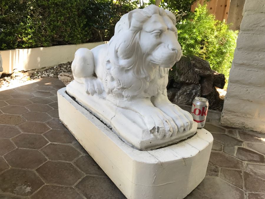 Pair Of Large Cement Posing Lion Statues On Wooden Bases - Does Not Include Urn Planter [Photo 2]