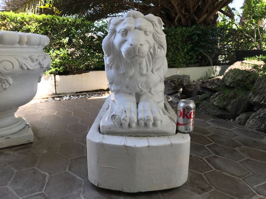 Pair Of Large Cement Posing Lion Statues On Wooden Bases - Does Not Include Urn Planter [Photo 7]