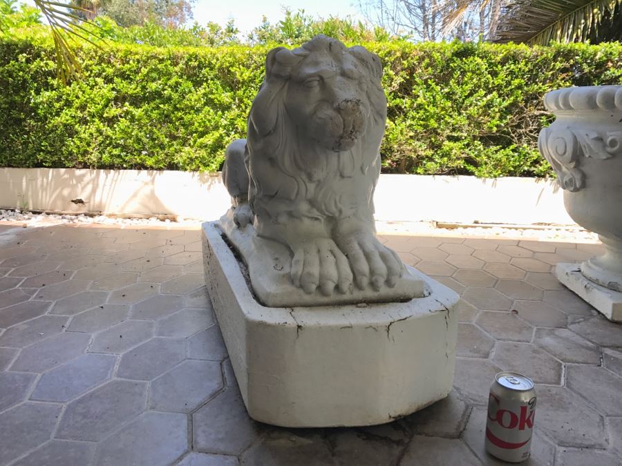 Pair Of Large Cement Posing Lion Statues On Wooden Bases - Does Not Include Urn Planter [Photo 12]