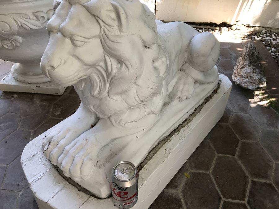 Pair Of Large Cement Posing Lion Statues On Wooden Bases - Does Not Include Urn Planter [Photo 11]