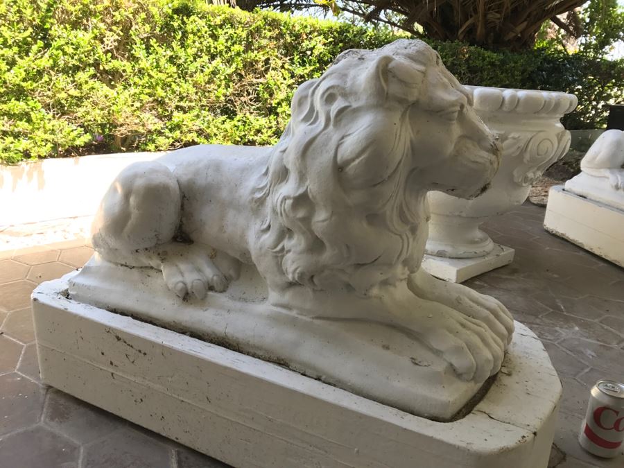 Pair Of Large Cement Posing Lion Statues On Wooden Bases - Does Not Include Urn Planter [Photo 16]