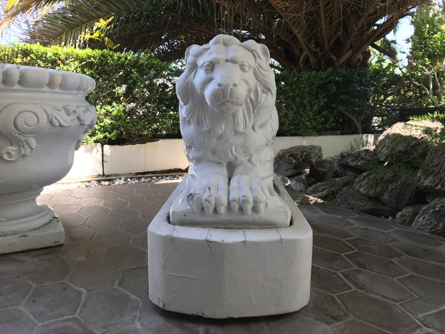 Pair Of Large Cement Posing Lion Statues On Wooden Bases - Does Not Include Urn Planter [Photo 6]