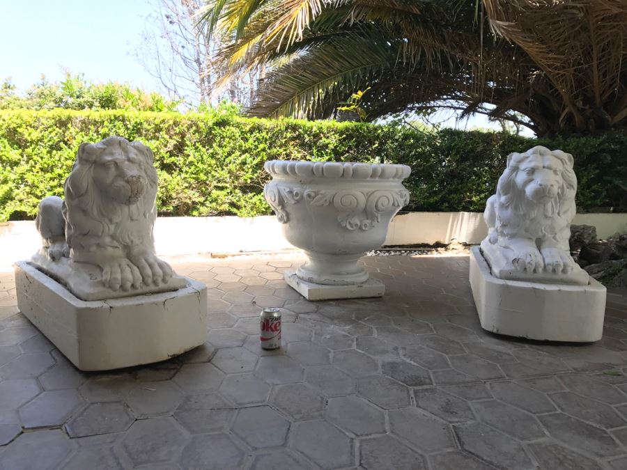 Pair Of Large Cement Posing Lion Statues On Wooden Bases - Does Not Include Urn Planter