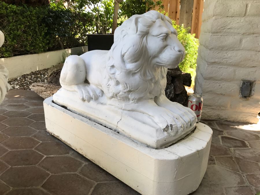 Pair Of Large Cement Posing Lion Statues On Wooden Bases - Does Not Include Urn Planter [Photo 9]
