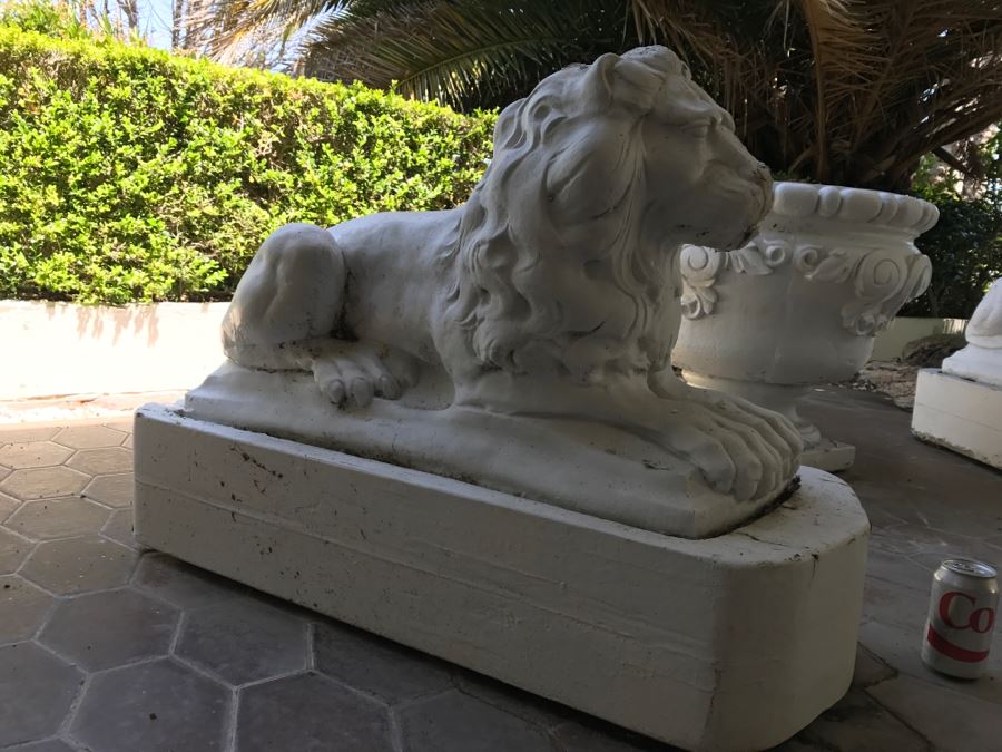 Pair Of Large Cement Posing Lion Statues On Wooden Bases - Does Not Include Urn Planter [Photo 14]