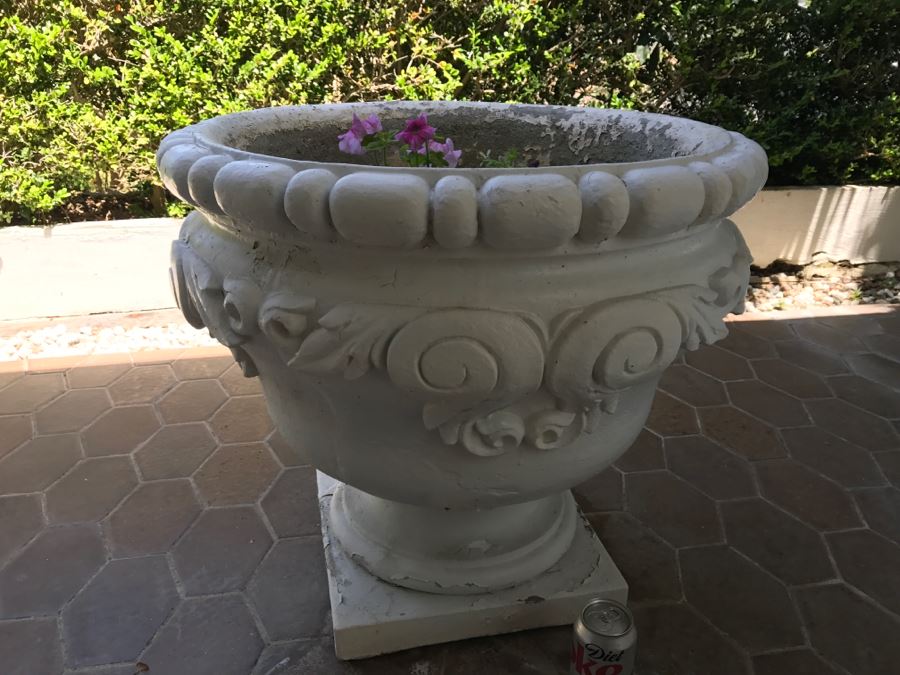 Large Outdoor Cement Urn Planter Pot Painted White With Flowers [Photo 1]