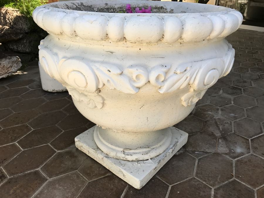Large Outdoor Cement Urn Planter Pot Painted White With Flowers [Photo 7]