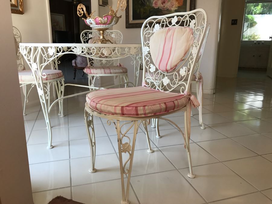 Shabby Chic Vintage White Twisted Wrought Iron Table With Four Chairs Floral Vine Motif [Photo 5]