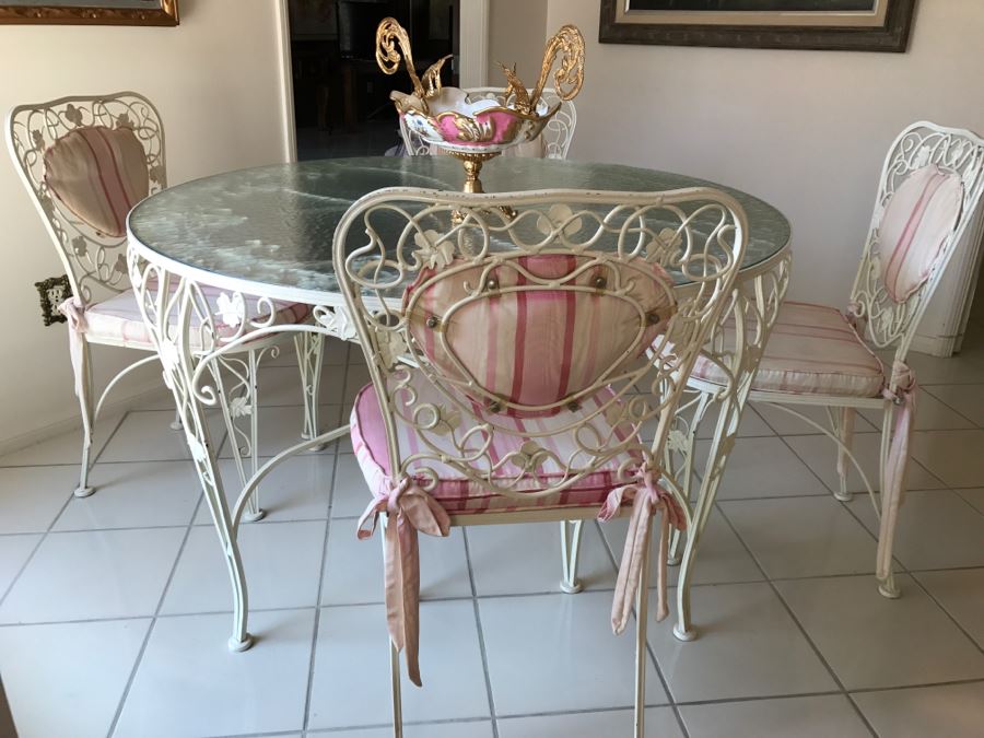 Shabby Chic Vintage White Twisted Wrought Iron Table With Four Chairs Floral Vine Motif [Photo 2]