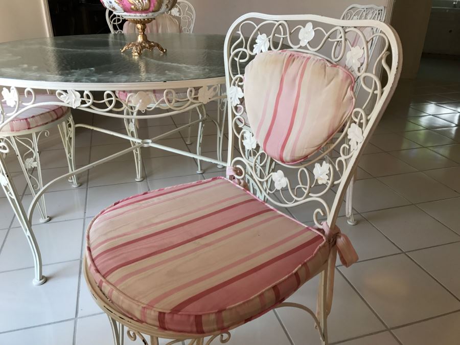 Shabby Chic Vintage White Twisted Wrought Iron Table With Four Chairs Floral Vine Motif [Photo 7]
