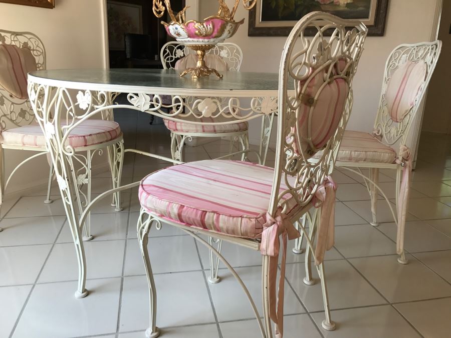 Shabby Chic Vintage White Twisted Wrought Iron Table With Four Chairs Floral Vine Motif [Photo 1]
