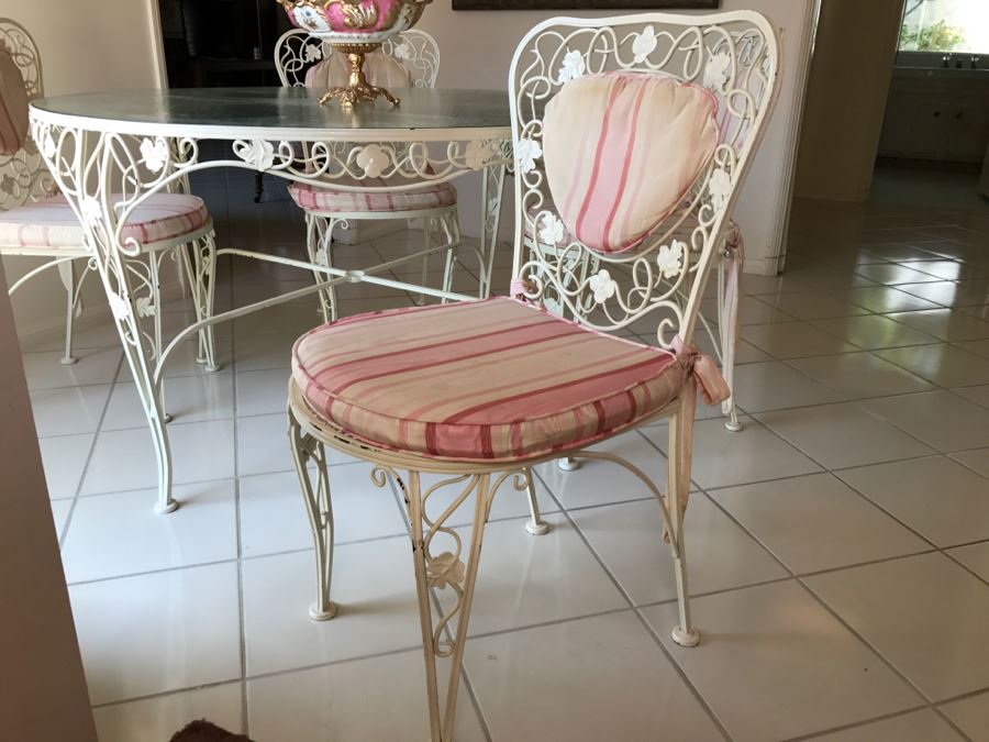 Shabby Chic Vintage White Twisted Wrought Iron Table With Four Chairs Floral Vine Motif [Photo 6]