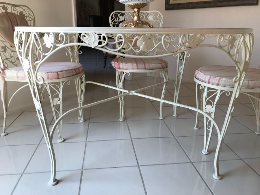 Shabby Chic Vintage White Twisted Wrought Iron Table With Four Chairs Floral Vine Motif [Photo 8]