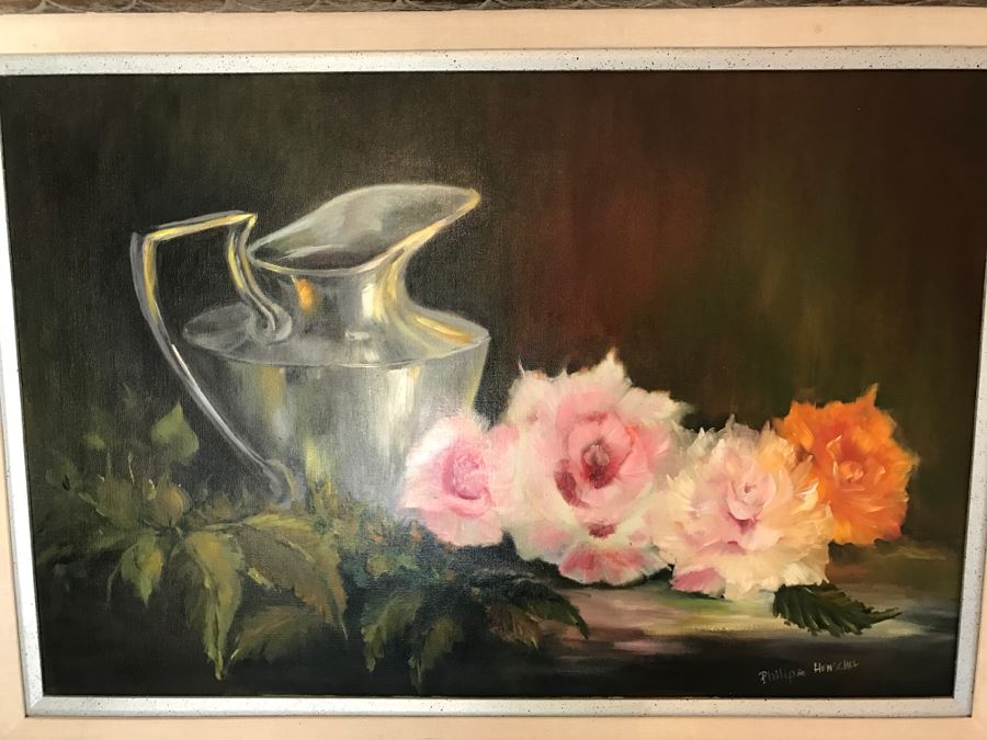 Original Oil Painting Of Roses And Silver Pitcher By Philipa Henschel Del Mar, CA Artist [Photo 4]