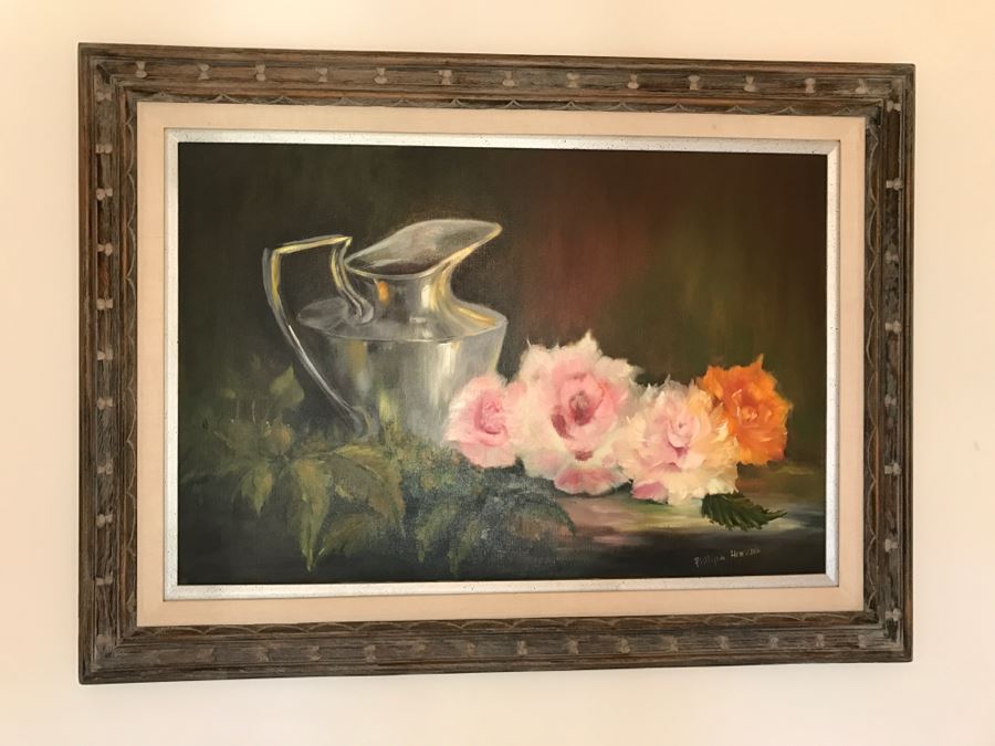 Original Oil Painting Of Roses And Silver Pitcher By Philipa Henschel Del Mar, CA Artist