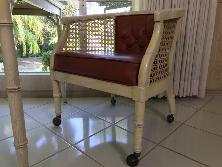 Hollywood Regency Card Table With Two Cane Sided Chairs On Casters [Photo 8]