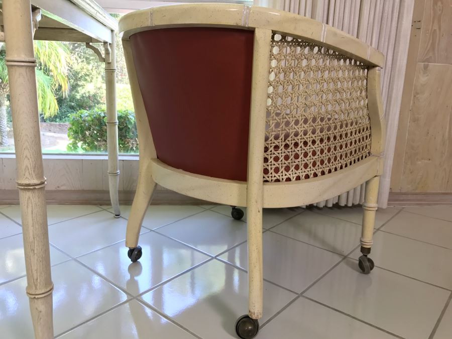 Hollywood Regency Card Table With Two Cane Sided Chairs On Casters [Photo 3]