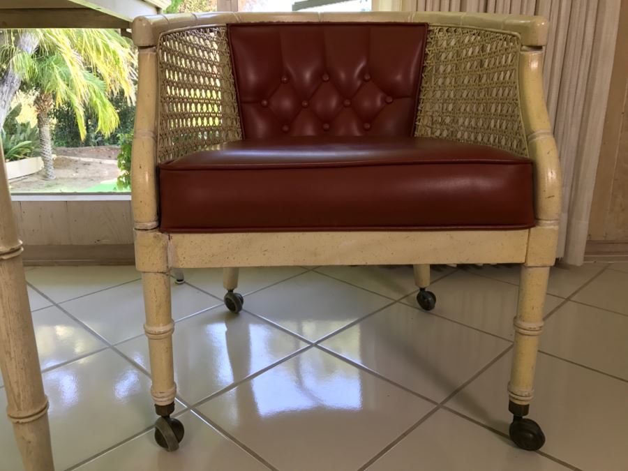 Hollywood Regency Card Table With Two Cane Sided Chairs On Casters [Photo 9]