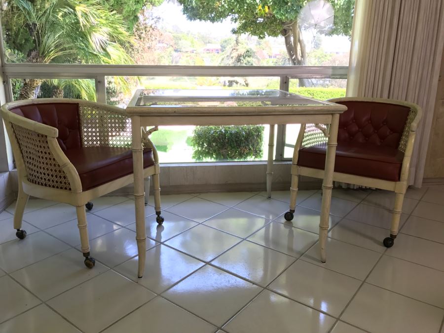 Hollywood Regency Card Table With Two Cane Sided Chairs On Casters [Photo 10]